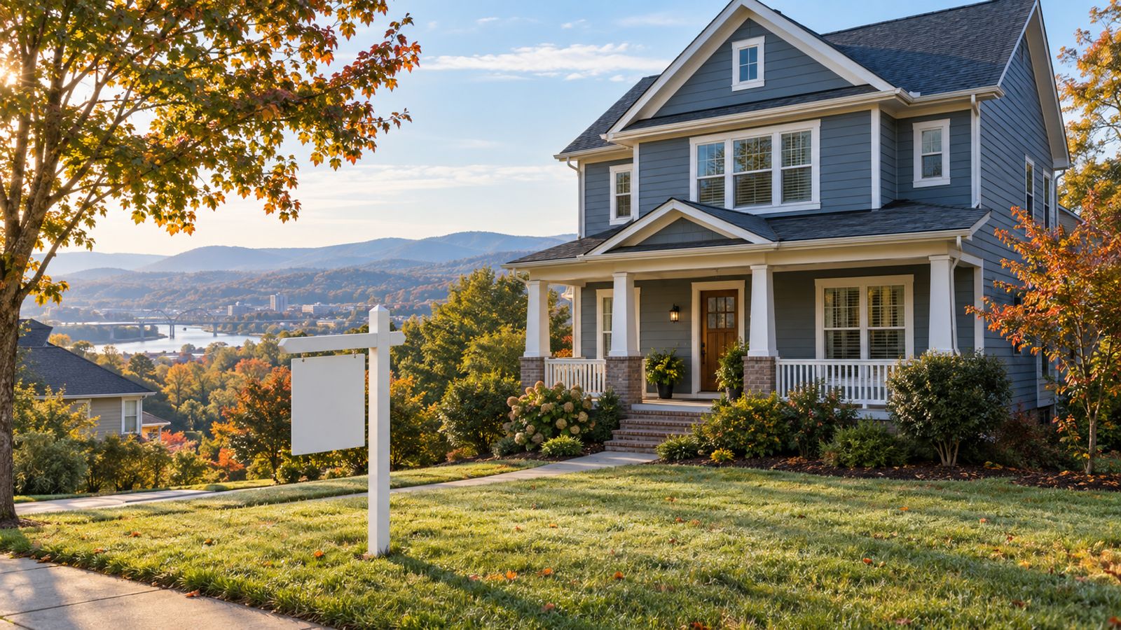 Two-story home with a yard sign on the front lawn