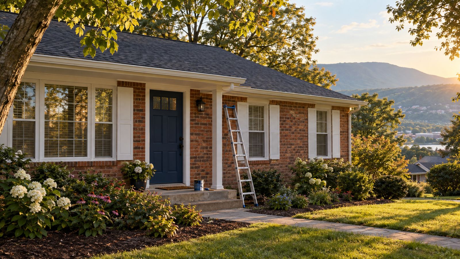 Brick family home with a ladder and paint can on the porch